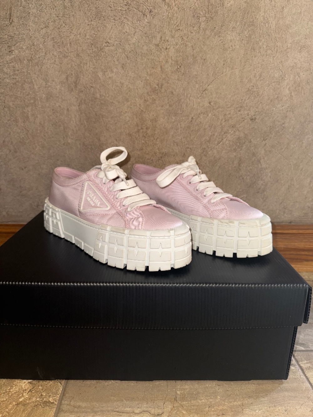 Prada Light Pink Platform Lace-Up Low-Top Sneakers
